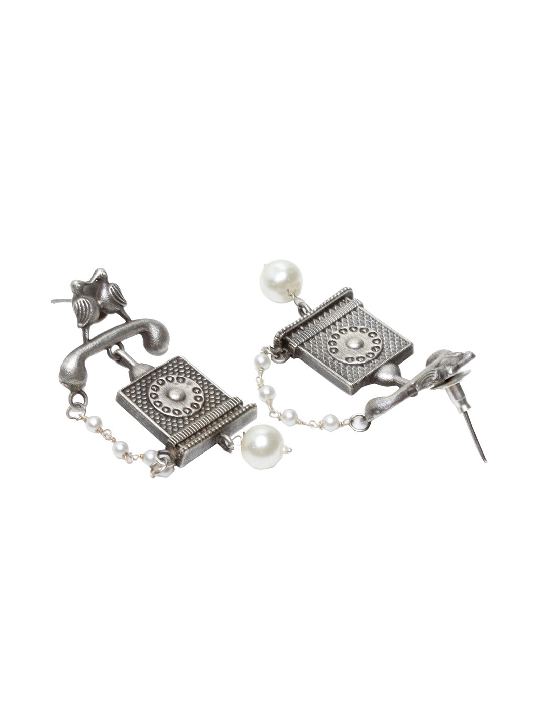 Women Oxidized Silver-Plated Off-White Square Jhumkas