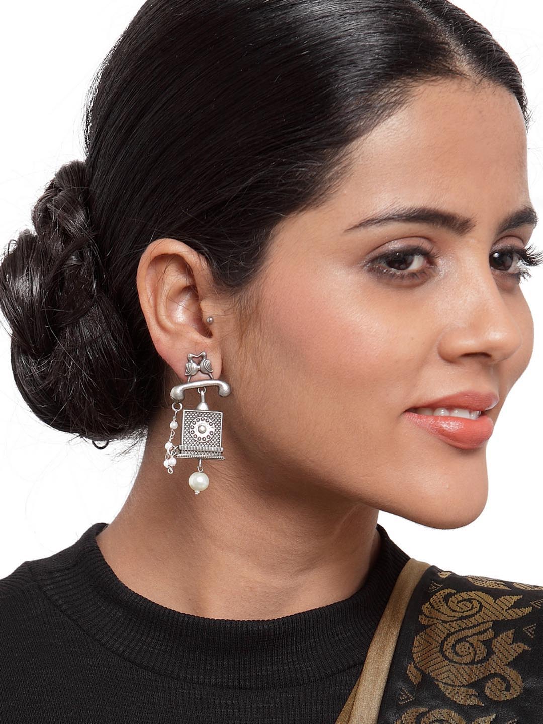 Women Oxidized Silver-Plated Off-White Square Jhumkas