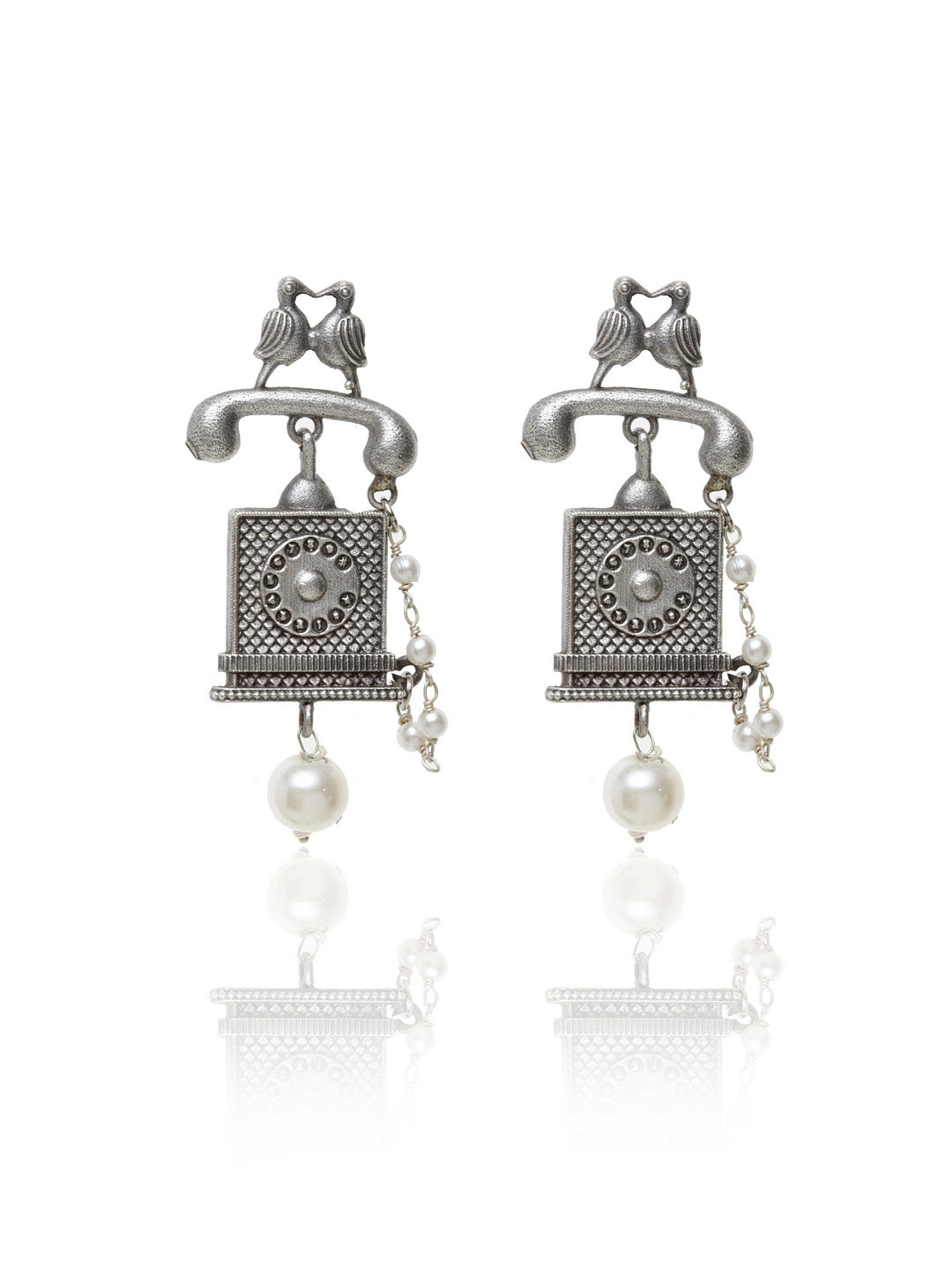 Women Oxidized Silver-Plated Off-White Square Jhumkas