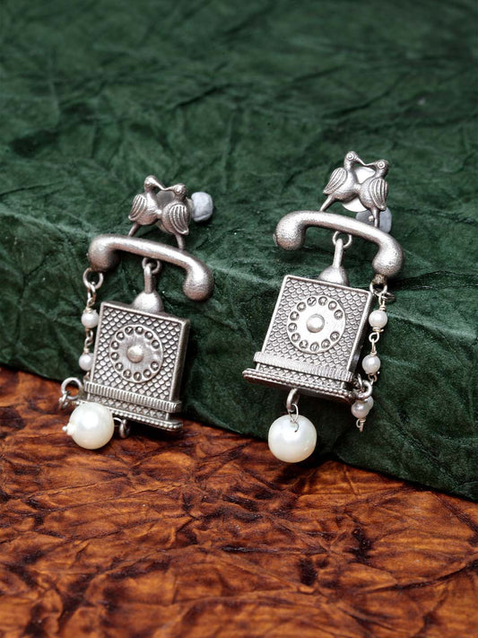 Women Oxidized Silver-Plated Off-White Square Jhumkas