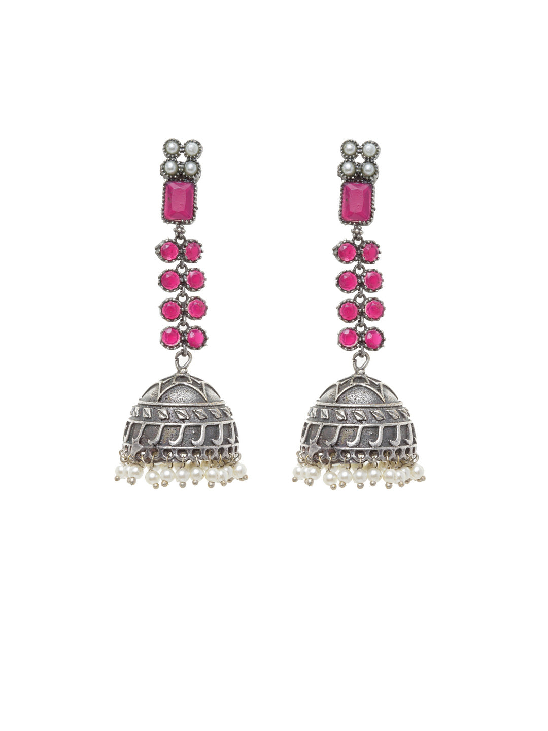 Silver-Plated & Pink Contemporary Jhumkas