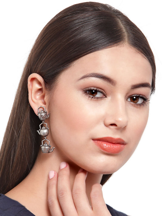 Silver-Toned Contemporary Drop Earrings