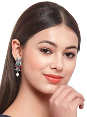 Silver-Toned & Red Contemporary Drop Earrings