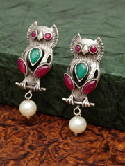 Silver-Toned & Red Contemporary Drop Earrings