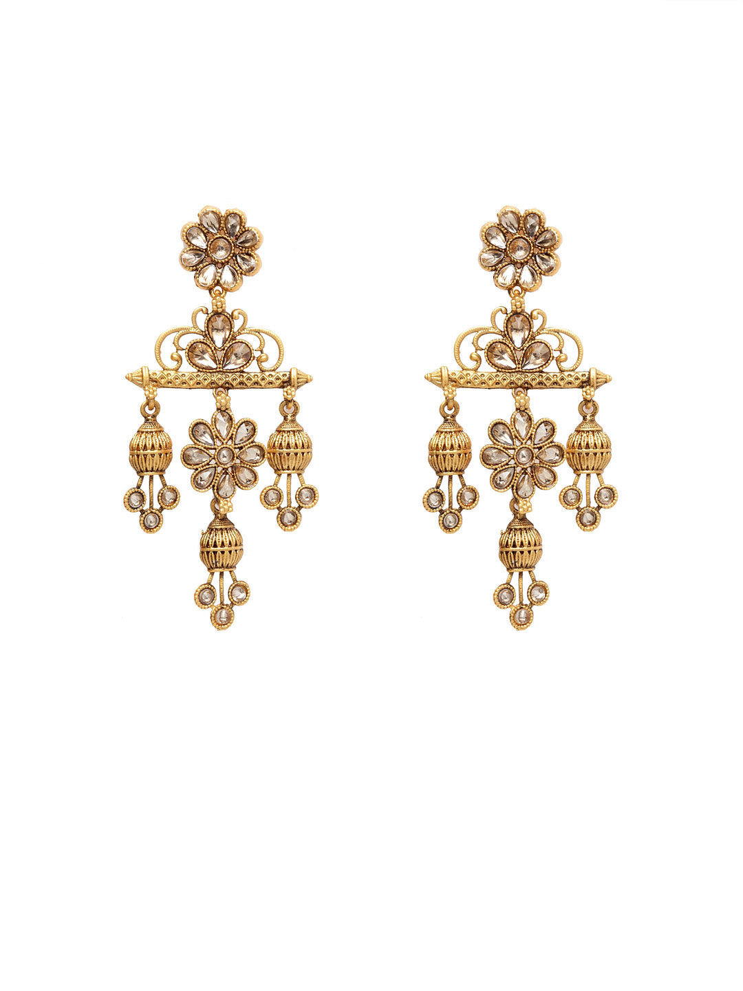 White Gold-Plated Handcrafted Contemporary Kundan Drop Earrings