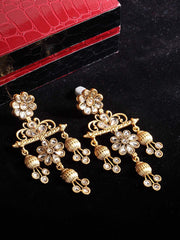 White Gold-Plated Handcrafted Contemporary Kundan Drop Earrings