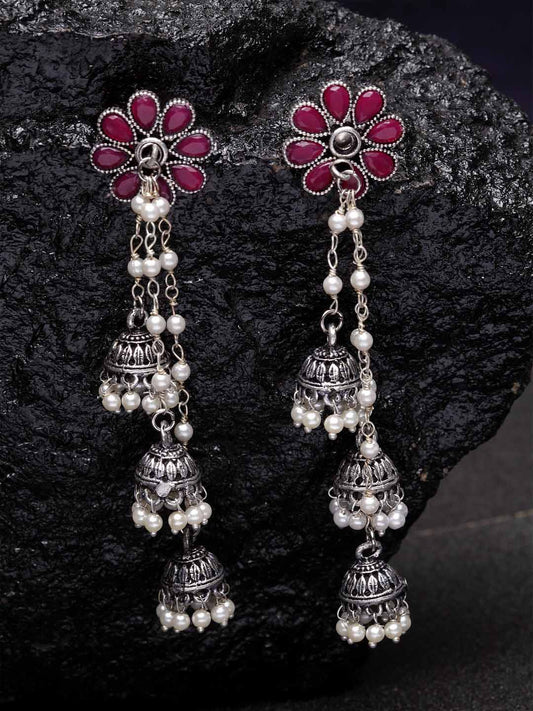 Silver_Plated & Maroon Contemporary Drop Earrings