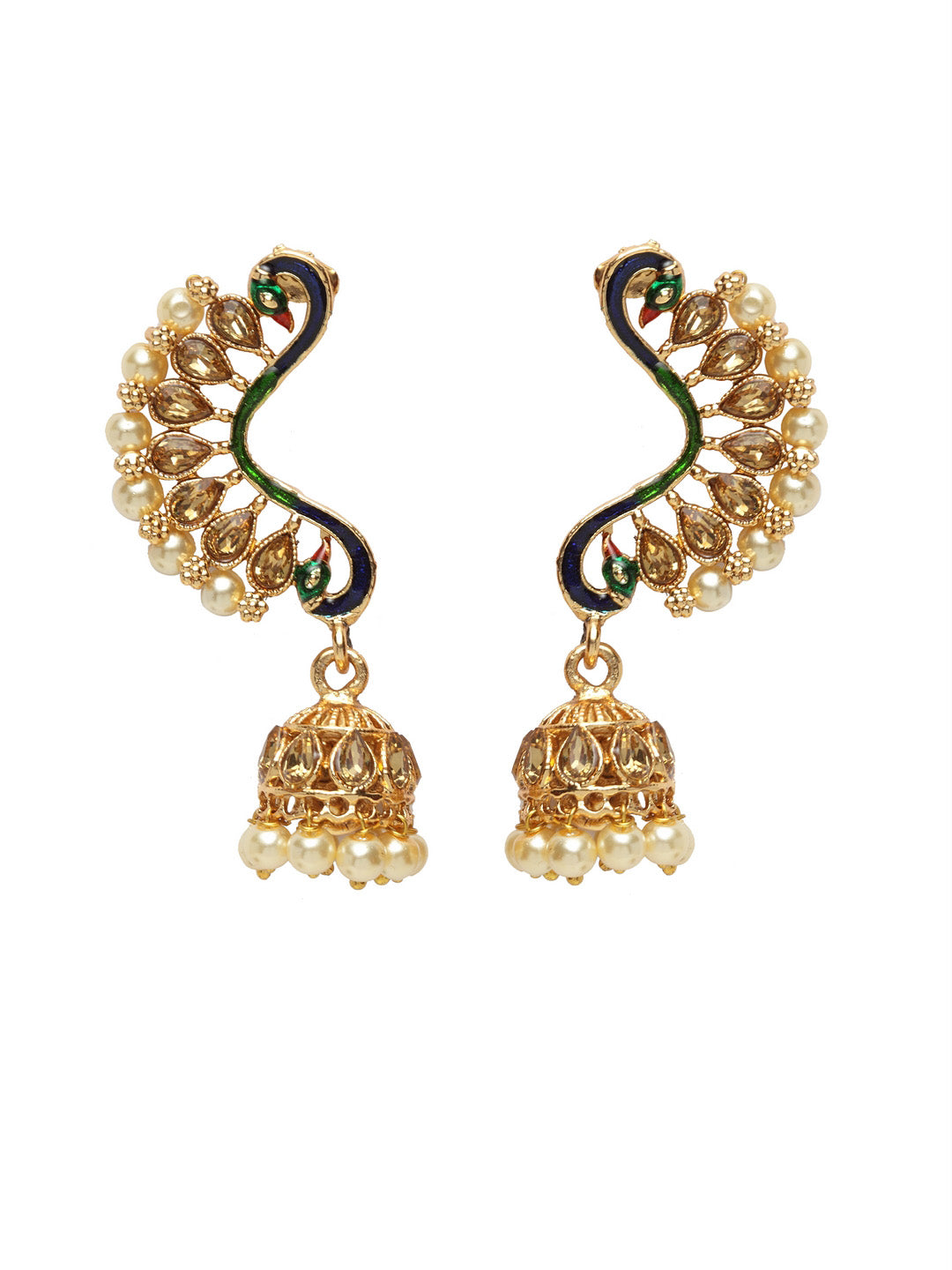 Gold-Plated & White Meenakari Peacock Shaped Drop Earrings