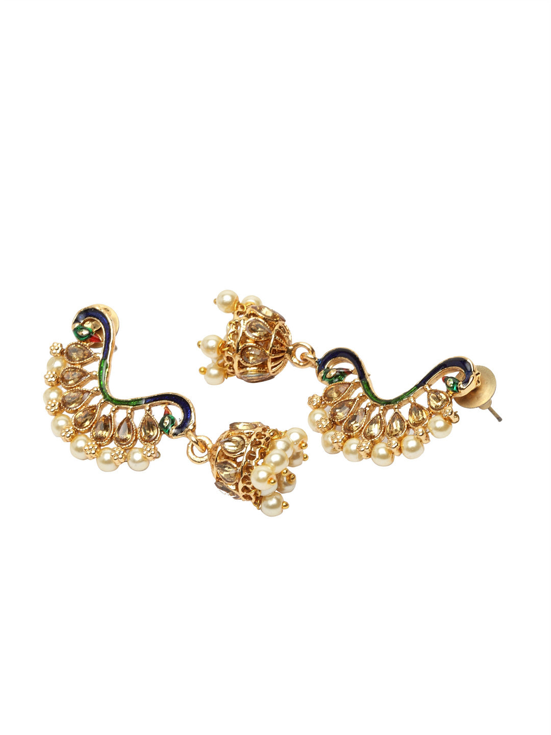 Gold-Plated & White Meenakari Peacock Shaped Drop Earrings