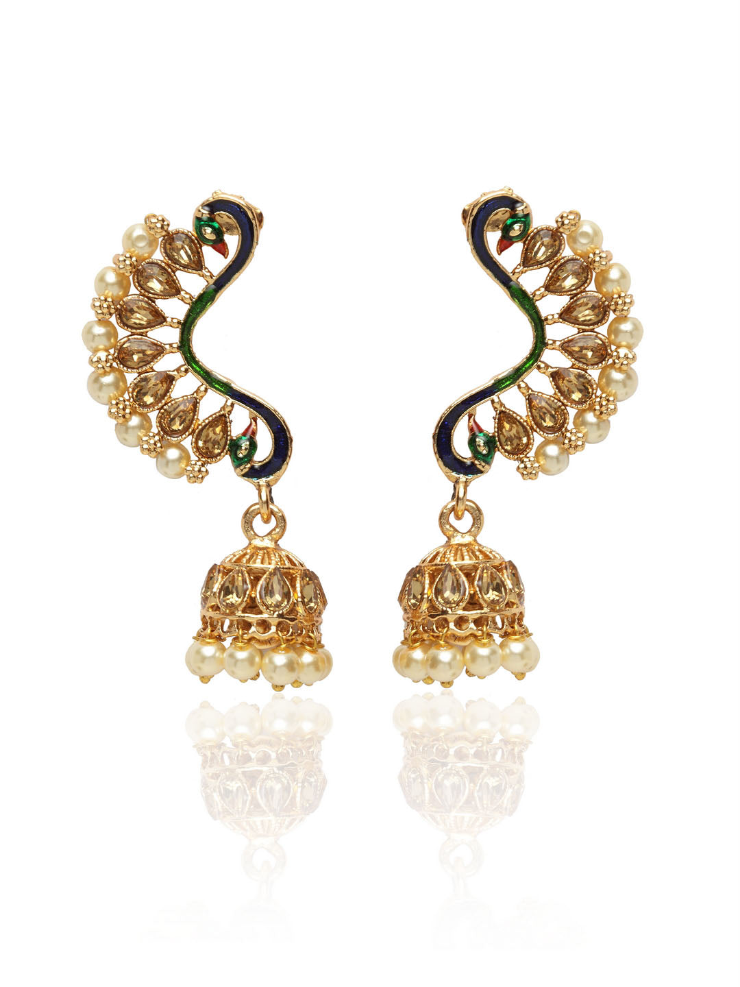 Gold-Plated & White Meenakari Peacock Shaped Drop Earrings