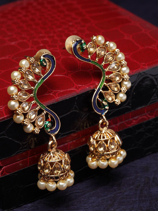 Gold-Plated & White Meenakari Peacock Shaped Drop Earrings