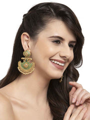 Gold-Toned & Green Geometric Handpainted Drop Earrings