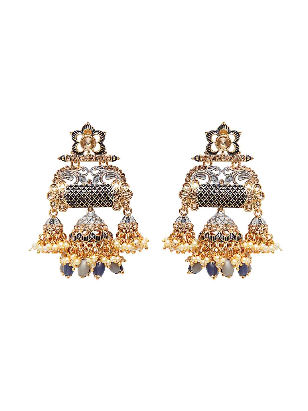 Gold-Toned & Black Dome Shaped Gold-Plated Hand Painted Drop Earrings