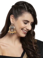 Gold-Toned & Black Dome Shaped Gold-Plated Hand Painted Drop Earrings