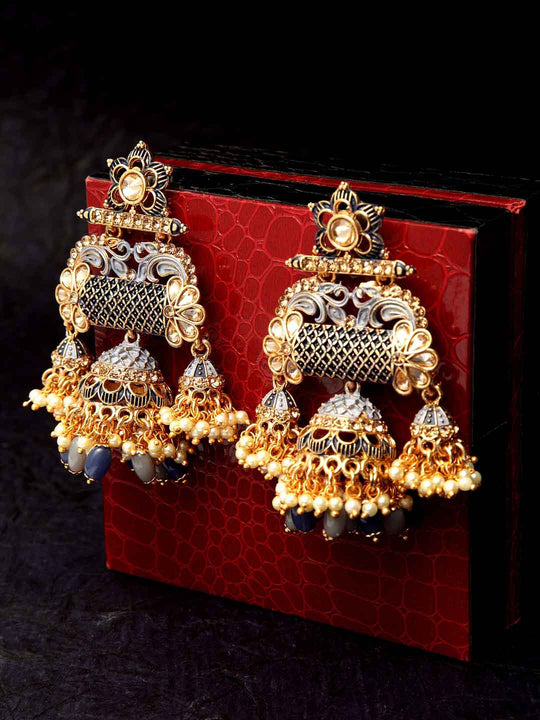 Gold-Toned & Black Dome Shaped Gold-Plated Hand Painted Drop Earrings