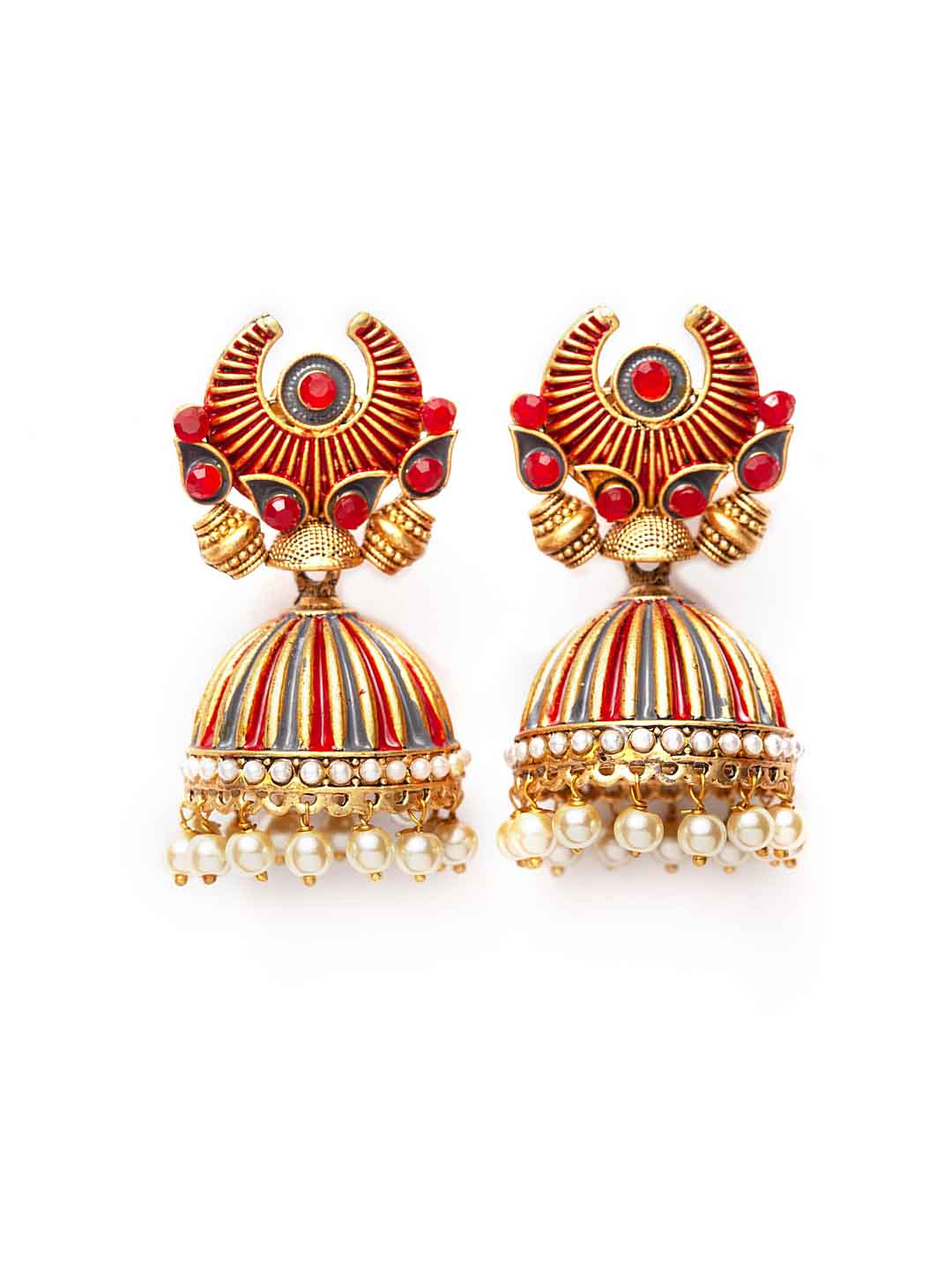 Gold-Toned & Red Dome Shaped Jhumkas