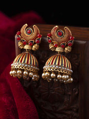 Gold-Toned & Red Dome Shaped Jhumkas