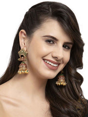 Gold-Toned & Red Dome Shaped Jhumkas