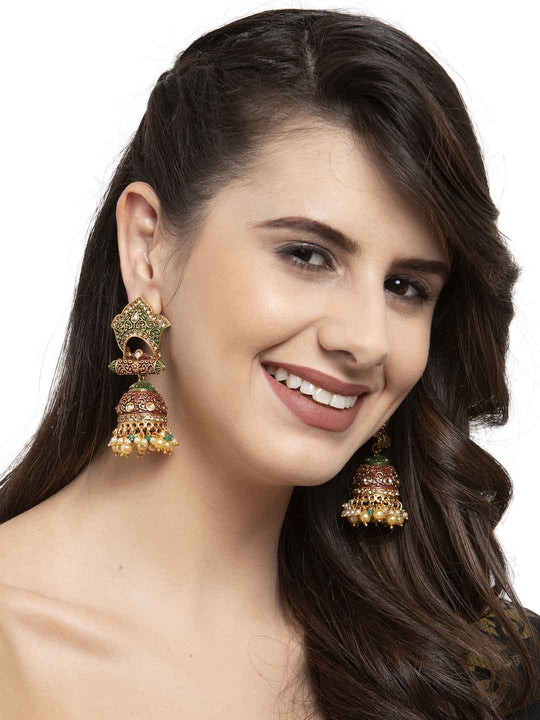 Gold-Toned & Red Dome Shaped Jhumkas