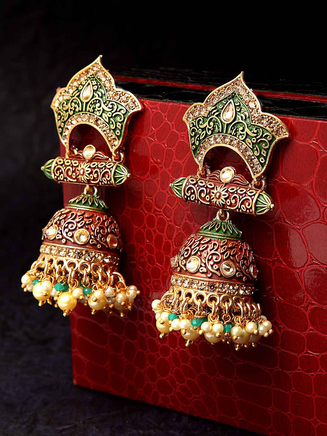 Gold-Toned & Red Dome Shaped Jhumkas