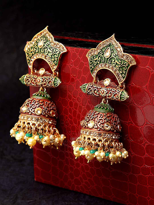 Gold-Toned & Red Dome Shaped Jhumkas