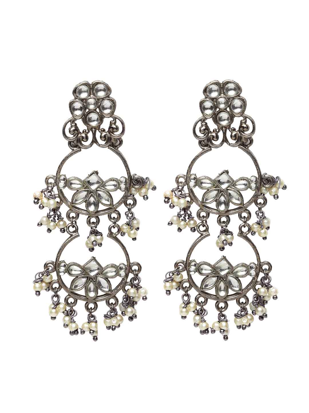 Silver-Toned & White Rhodium-Plated Crescent Shaped Drop Earrings