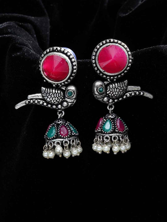 Silver-Plated & Pink German Silver Oxidised Peacock Shaped Jhumkas