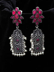Silver-Plated & Pink Oxidised Floral Drop Earrings