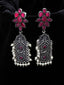 Silver-Plated & Pink Oxidised Floral Drop Earrings