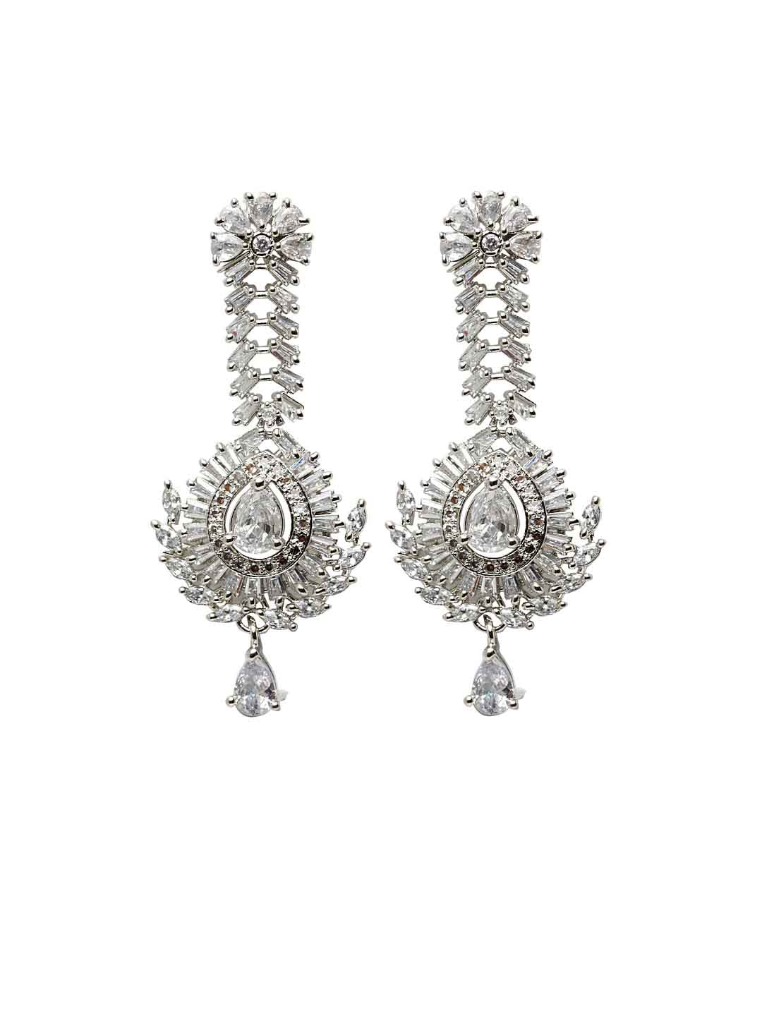 Silver Rhodium-Plated & White American Diamond Contemporary Drop Earrings