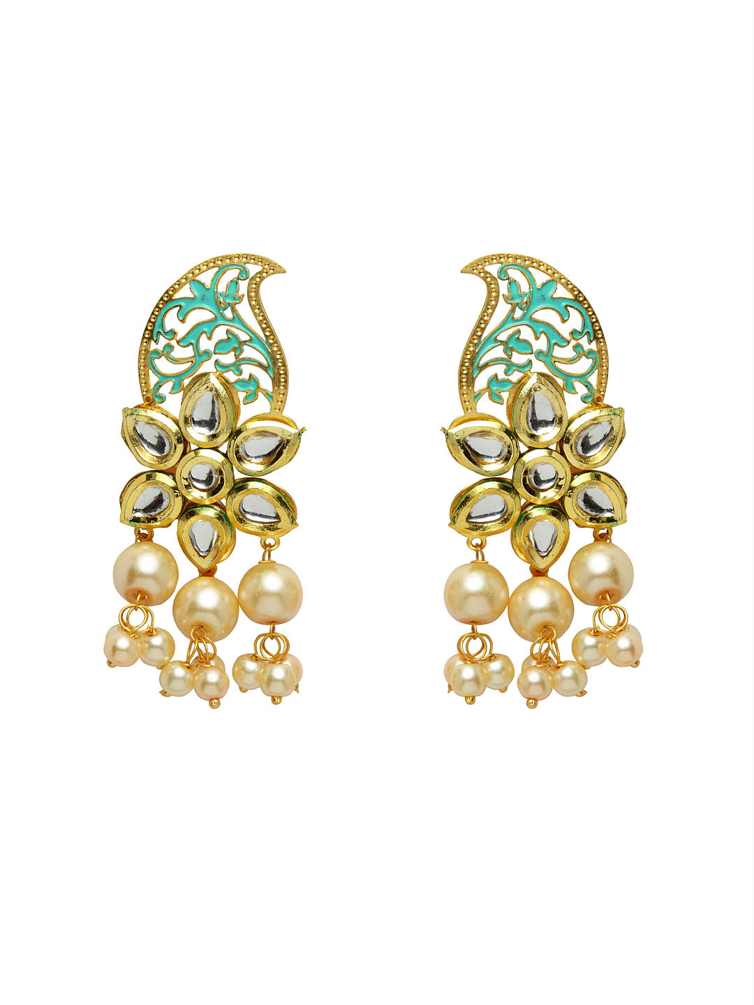 Gold-Plated & Sea Green Kundan Paisley Shaped Drop Earrings