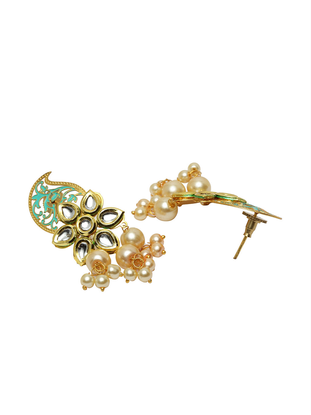 Gold-Plated & Sea Green Kundan Paisley Shaped Drop Earrings