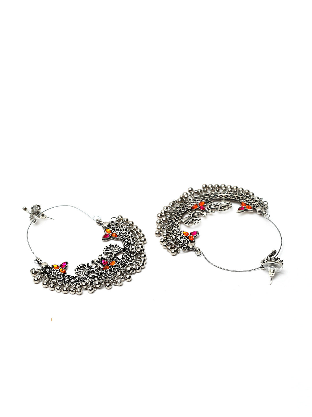 Silver-Toned & Pink Crescent Shaped Chandbalis