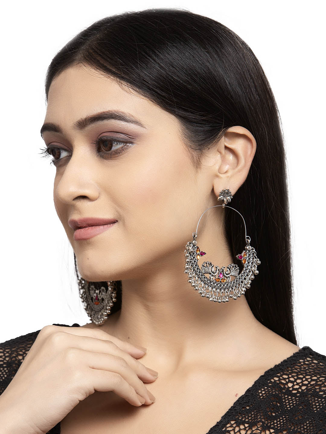 Silver-Toned & Pink Crescent Shaped Chandbalis