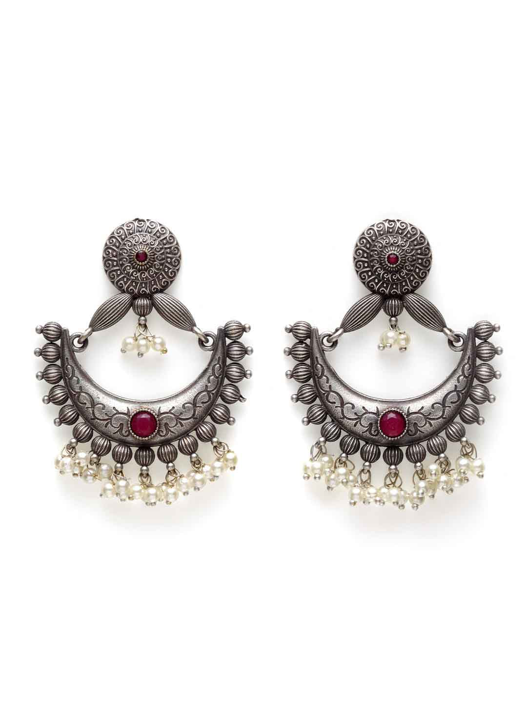 Silver-Plated & Pink Crescent Shaped Drop Earrings