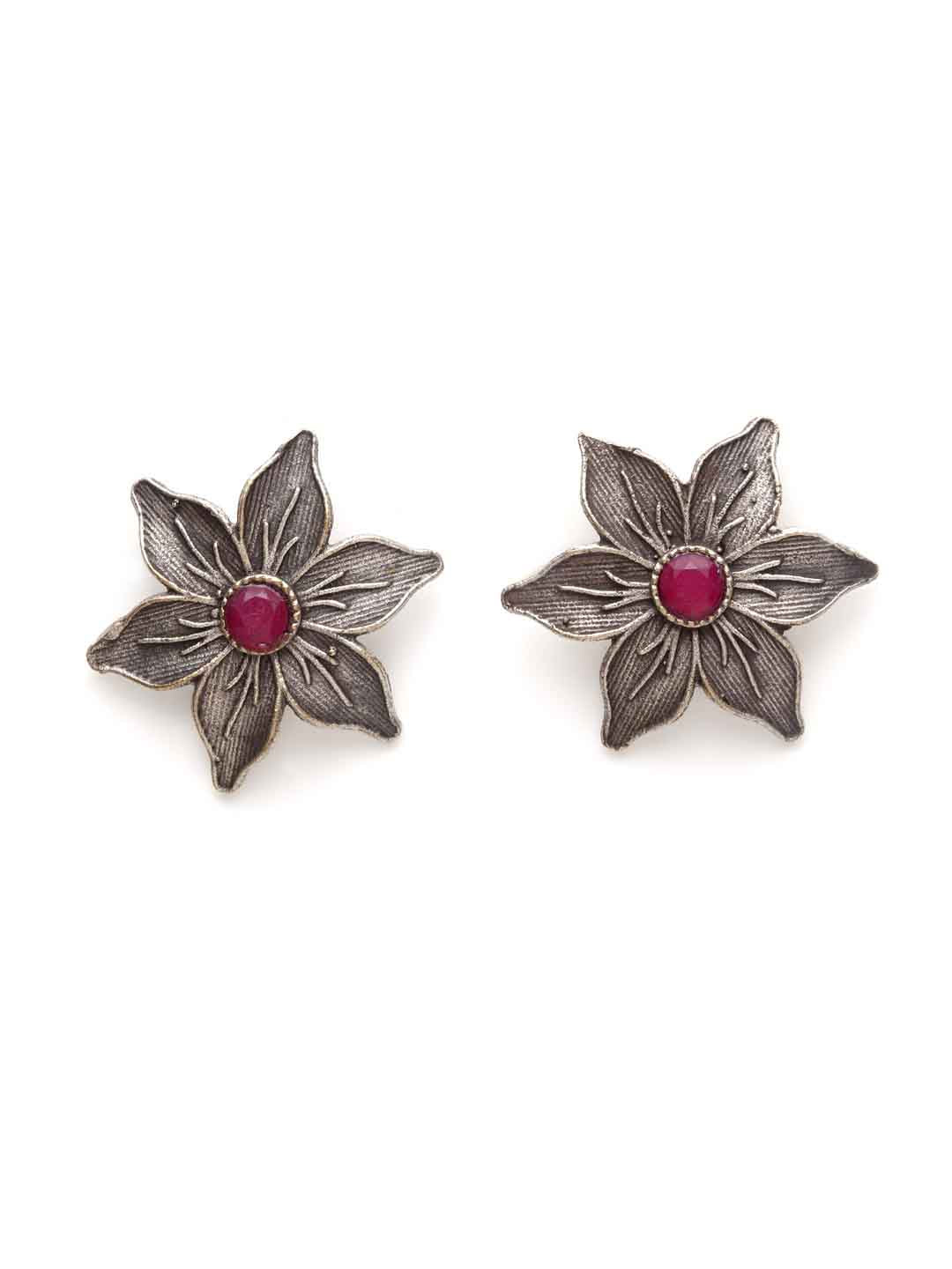 Silver-Toned & Pink Floral Studs