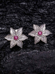 Silver-Toned & Pink Floral Studs