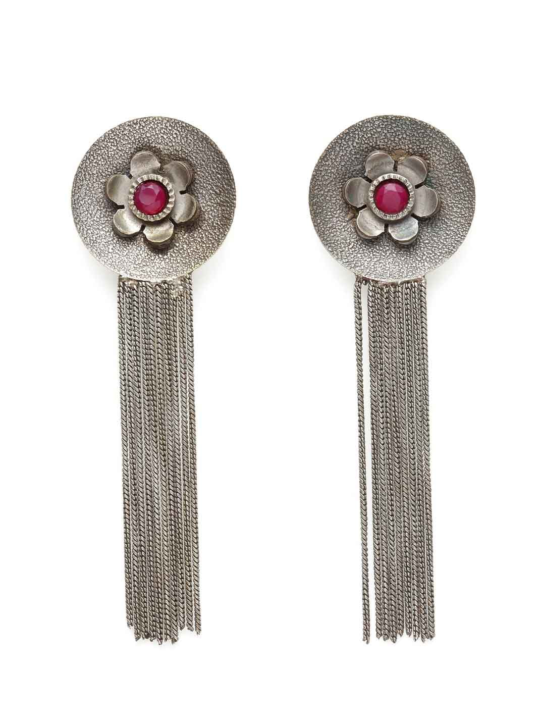 Silver-Plated & Maroon Circular Drop Earrings