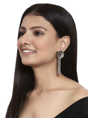 Silver-Plated & Maroon Circular Drop Earrings