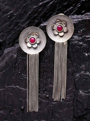 Silver-Plated & Maroon Circular Drop Earrings