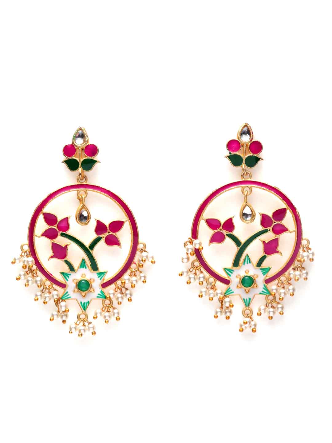 Gold-Toned & Pink Enamelled Floral Drop Earrings
