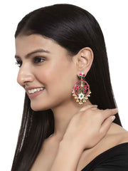 Gold-Toned & Pink Enamelled Floral Drop Earrings