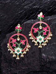 Gold-Toned & Pink Enamelled Floral Drop Earrings
