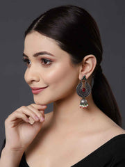 Silver-Toned Stoned Studded Contemporary Drop Earrings