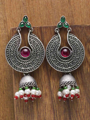 Silver-Toned Stoned Studded Contemporary Drop Earrings