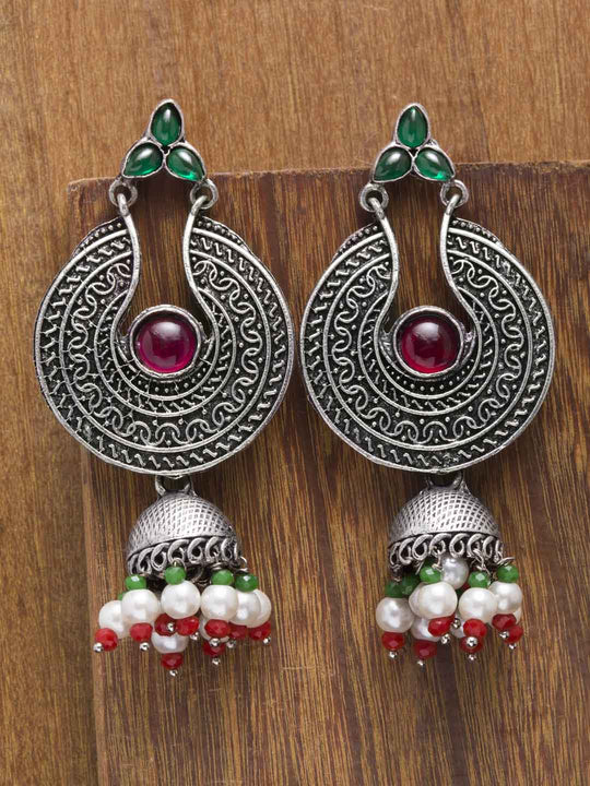 Silver-Toned Stoned Studded Contemporary Drop Earrings