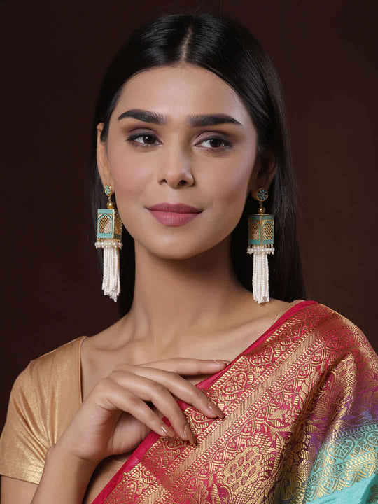 Woman Gold-Toned Classic Pearl Embellished Handcrafted Jhumka Earrings