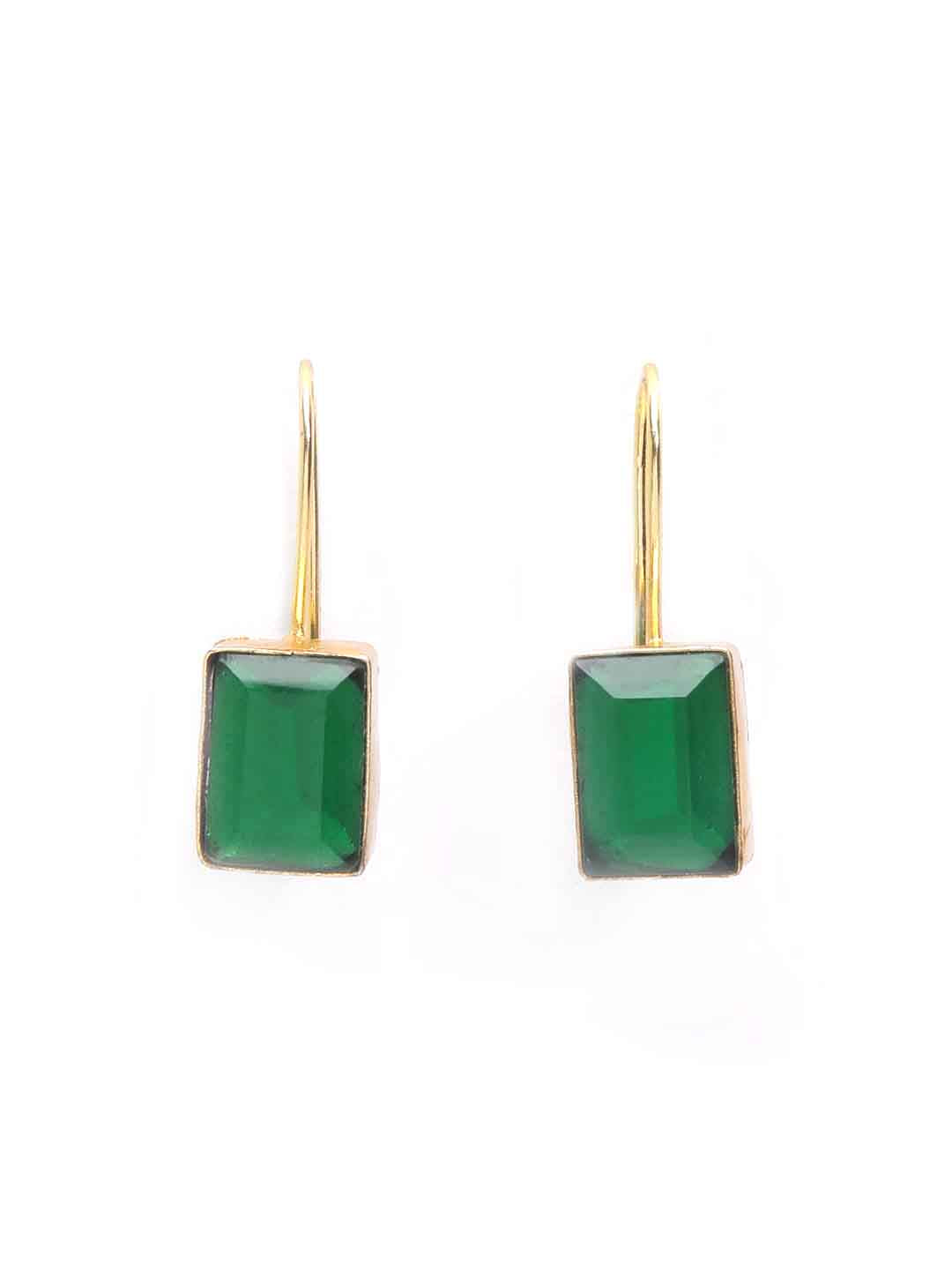 Gold-Plated Green Stone Studded Square Drop Earrings