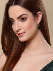 Gold-Plated Green Stone Studded Square Drop Earrings