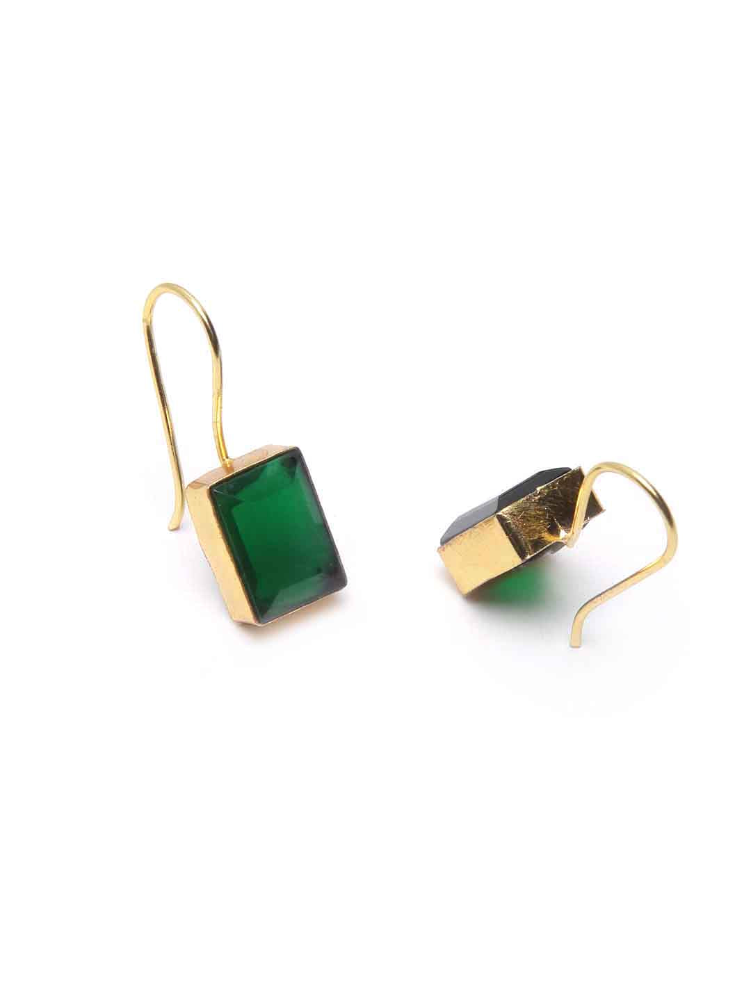 Gold-Plated Green Stone Studded Square Drop Earrings